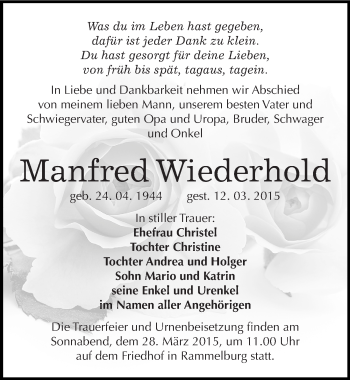 Traueranzeige von Manfred Wiederhold von Super Sonntag SGH Mansf. Land