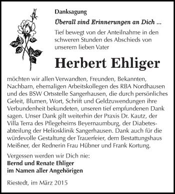 Traueranzeige von Herbert Ehliger von Super Sonntag SGH Mansf. Land