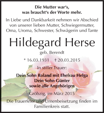 Traueranzeige von Hildegard Herse von Mitteldeutsche Zeitung Köthen