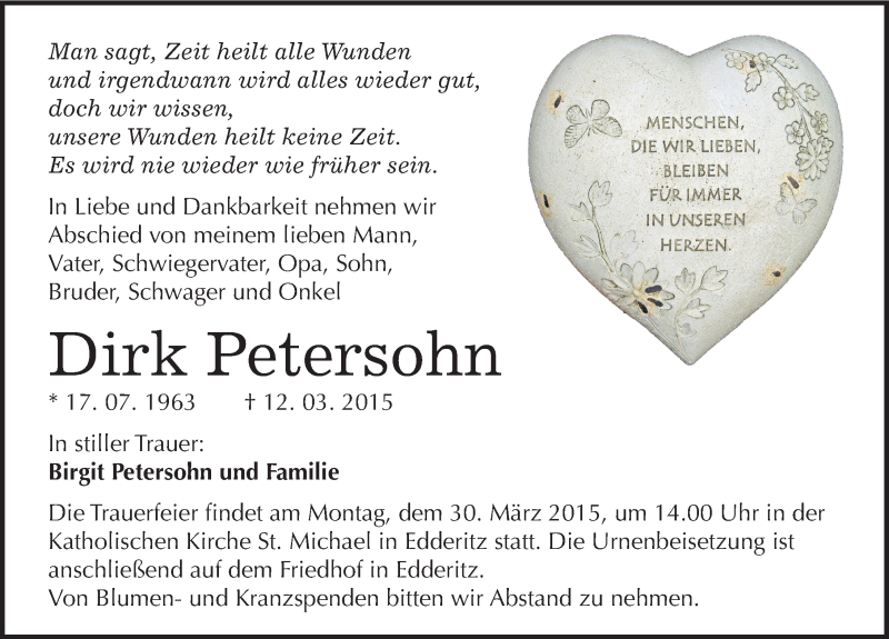  Traueranzeige für Dirk Petersohn vom 21.03.2015 aus Mitteldeutsche Zeitung Köthen