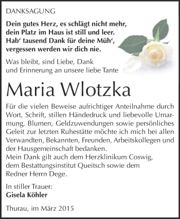 Traueranzeige von Maria Wlotzka von WVG - Wochenspiegel Dessau / Köthen