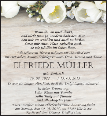 Traueranzeige von Elfriede Müller von Mitteldeutsche Zeitung Halle/Saalkreis