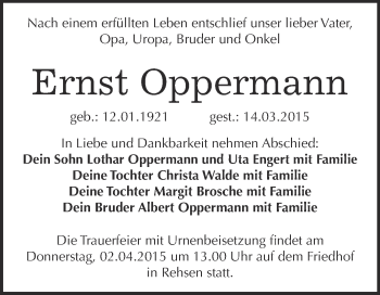 Traueranzeige von Ernst Oppermann von Super Sonntag Wittenberg