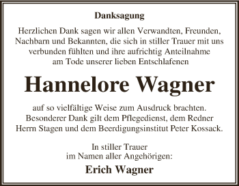 Traueranzeige von Hannelore Wagner von WVG - Wochenspiegel Dessau / Köthen