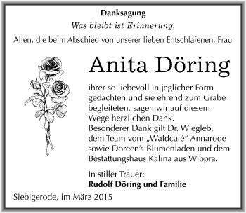 Traueranzeige von Anita Döring von Mitteldeutsche Zeitung Mansfelder Land