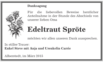 Traueranzeige von Edeltraut Spröte von Super Sonntag SGH Mansf. Land