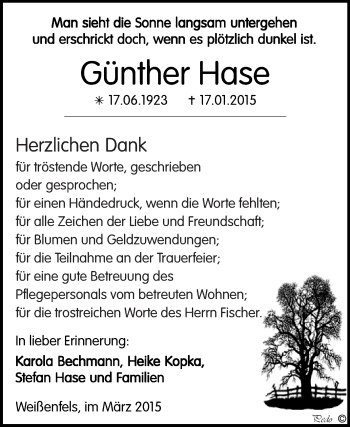 Traueranzeige von Günther Hase von WVG - Wochenspiegel NMB / WSF / ZTZ