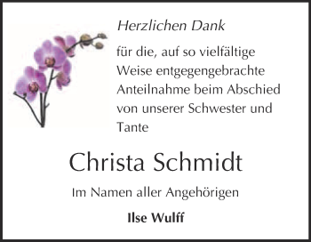 Traueranzeige von Christa Schmidt von WVG - Wochenspiegel Quedlinburg