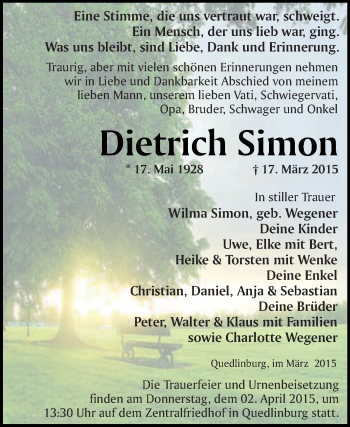 Traueranzeige von Dietrich Simon von WVG - Wochenspiegel Quedlinburg