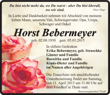 Traueranzeige von Horst Bebermeyer von Mitteldeutsche Zeitung Quedlinburg