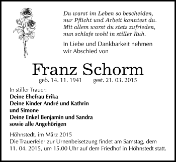 Traueranzeige von Franz Schorm von Mitteldeutsche Zeitung Halle/Saalkreis