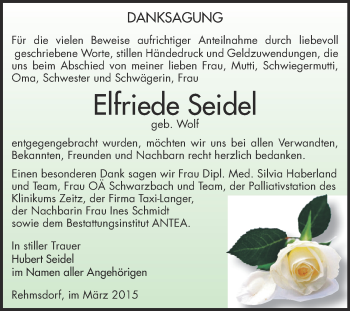 Traueranzeige von Elfriede Seidel von Super Sonntag Zeitz