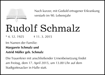 Traueranzeige von Rudolf Schmalz von Mitteldeutsche Zeitung Halle/Saalkreis