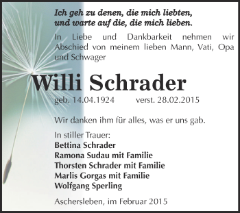 Traueranzeige von Willi Schrader von Super Sonntag Aschersleben