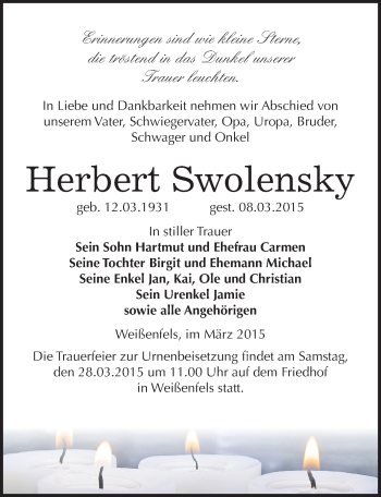 Traueranzeige von Herbert Swolensky von Mitteldeutsche Zeitung Weißenfels