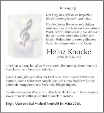 Traueranzeige von Heinz Knocke von Mitteldeutsche Zeitung Dessau-Roßlau