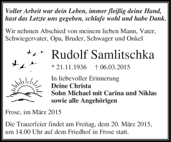 Traueranzeige von Rudolf Samlitschka von Super Sonntag Aschersleben
