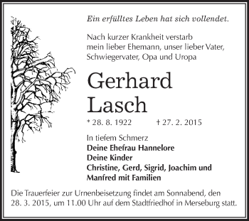 Traueranzeige von Gerhard Lasch von WVG - Wochenspiegel Merseburg