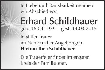 Traueranzeige von Erhard Schildhauer von WVG - Wochenspiegel Dessau / Köthen