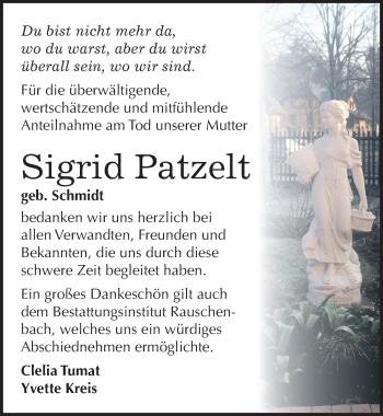 Traueranzeige von Sigrid Patzelt von Mitteldeutsche Zeitung Naumburg/Nebra