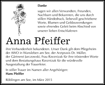 Traueranzeige von Anna Pfeiffer von Mitteldeutsche Zeitung Mansfelder Land