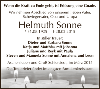 Traueranzeige von Helmuth Sonne von Super Sonntag Aschersleben