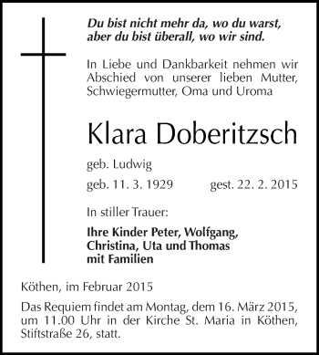 Traueranzeige von Klara Doberitzsch von WVG - Wochenspiegel Dessau / Köthen
