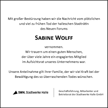 Traueranzeige von Sabine Wolff von Mitteldeutsche Zeitung Halle/Saalkreis