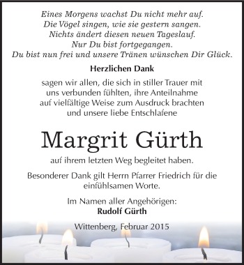 Traueranzeige von Margrit Gürth von Mitteldeutsche Zeitung Wittenberg