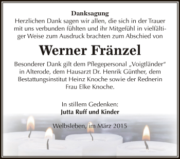 Traueranzeige von Werner Fränzel von Super Sonntag Aschersleben