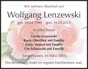 Traueranzeige von Wolfgang Lenzewski von Super Sonntag SGH Mansf. Land
