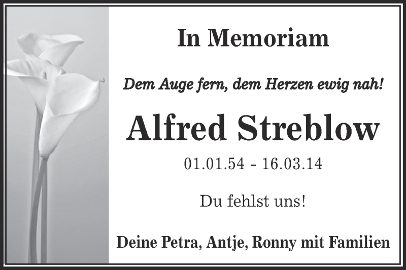  Traueranzeige für Alfred Streblow vom 15.03.2015 aus Super Sonntag Bernburg