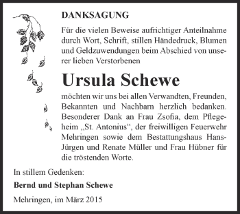 Traueranzeige von Ursula Schewe von Super Sonntag Aschersleben