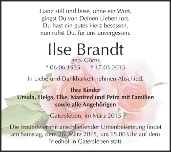 Traueranzeige von Ilse Brandt von Super Sonntag Aschersleben