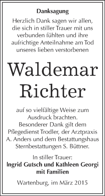 Traueranzeige von Waldemar Richter von Super Sonntag Wittenberg