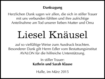 Traueranzeige von Liesel Knäusel von Mitteldeutsche Zeitung Halle/Saalkreis