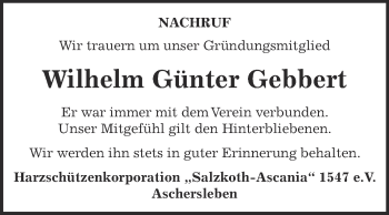 Traueranzeige von Wilhelm Günter Gebbert von Super Sonntag Aschersleben