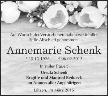 Traueranzeige von Annemarie Schenk von Super Sonntag Merseburg