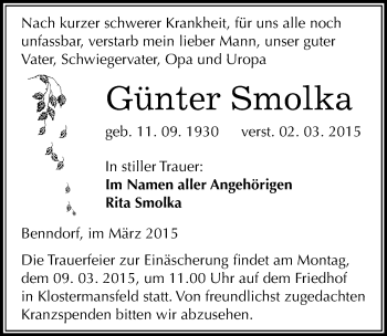 Traueranzeige von Günter Smolka von Mitteldeutsche Zeitung Mansfelder Land