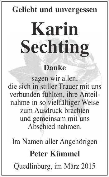 Traueranzeige von Karin Sechting von WVG - Wochenspiegel Quedlinburg