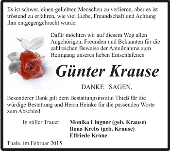 Traueranzeige von Günter Krause von Super Sonntag Quedlinburg