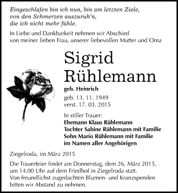 Traueranzeige von Sigrid Rühlemann von Mitteldeutsche Zeitung Merseburg/Querfurt