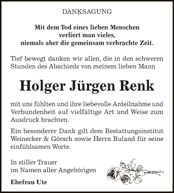Traueranzeige von Holger Jürgen Renk von Super Sonntag Bernburg