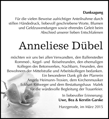 Traueranzeige von Anneliese Dübel von Mitteldeutsche Zeitung Quedlinburg