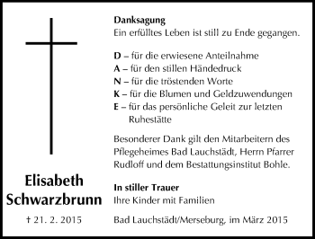 Traueranzeige von Elisabeth Schwarzbrunn von Mitteldeutsche Zeitung Merseburg/Querfurt