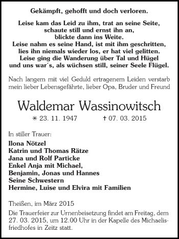 Traueranzeige von Waldemar Wassinowitsch von Super Sonntag Zeitz
