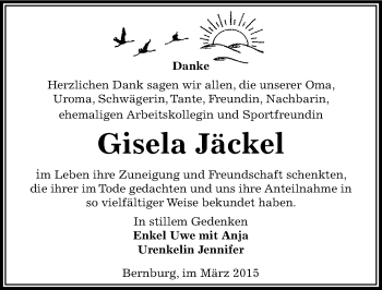 Traueranzeige von Gisela Jäckel von Mitteldeutsche Zeitung Bernburg