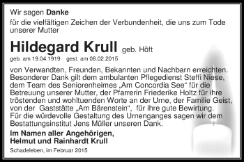 Traueranzeige von Hildegard Krull von Super Sonntag Aschersleben