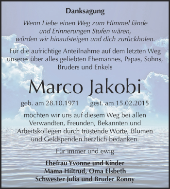 Traueranzeige von Marco Jakobi von Super Sonntag Bernburg