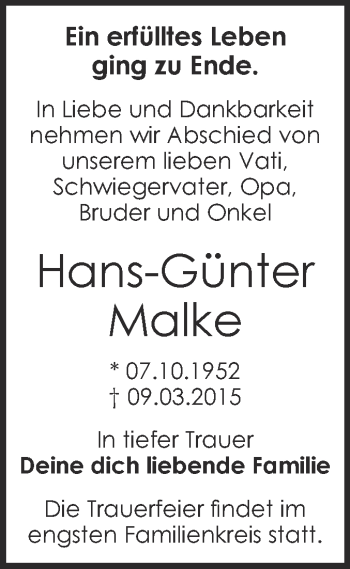 Traueranzeige von Hans-Günter Malke von WVG - Wochenspiegel Dessau / Köthen